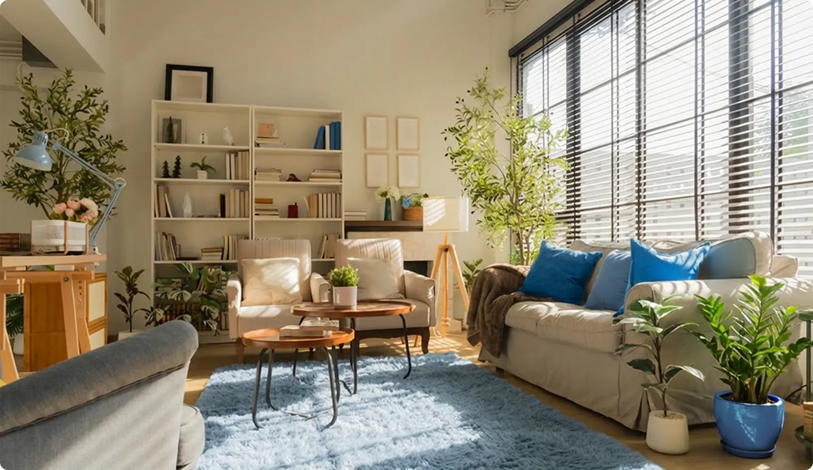 Svetlá a útulná obývačka s pohovkou, kreslami, knižnicou, rastlinami a veľkými oknami, cez ktoré prúdi denné svetlo.