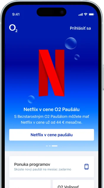 Mobilný telefón s otvorenou O2 aplikáciou a s logom Netflixu na obrazovke