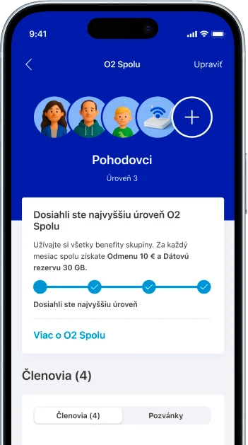 Mobilný telefón s otvorenou O2 aplikáciou a s obrazovkou zobrazujúcou výhody O2 Spolu a manažovanie skupiny