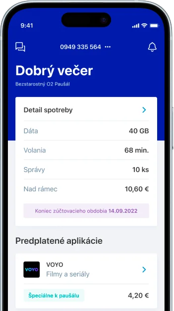 Mobilný telefón s otvorenou O2 aplikáciou a s obrazovkou zobrazujúcou prehľad spotreby