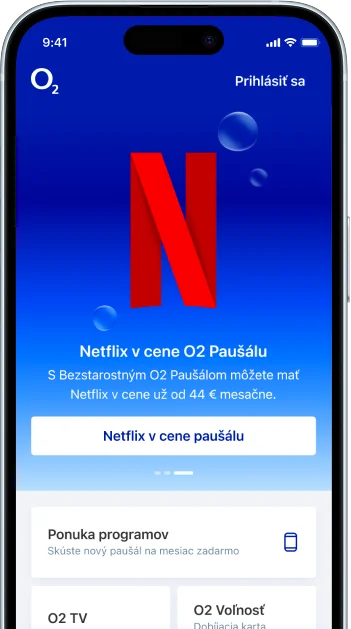 Mobilný telefón s otvorenou O2 aplikáciou a s logom Netflixu na obrazovke