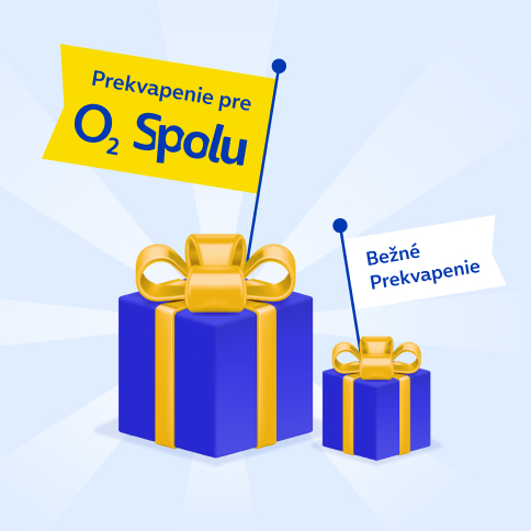 Veľký darček s vlajkou na ktorej je nápis: Prekvapenie pre O2 Spolu. Vedla je malý darček s vlajkou s nápisom: Bežné prekvapenie.